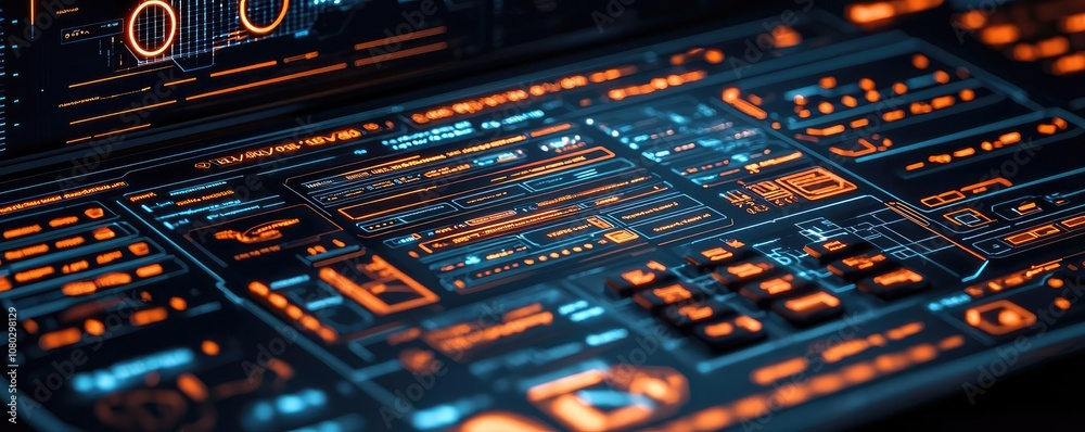 Fototapete futuristic user interface with glowing elements on a digital display.
