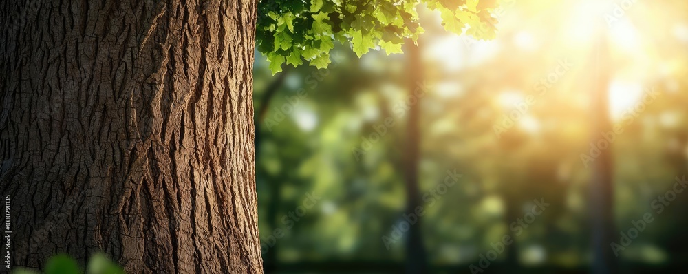 Poster Close-up of tree bark with sunlight filtering through leaves in background.