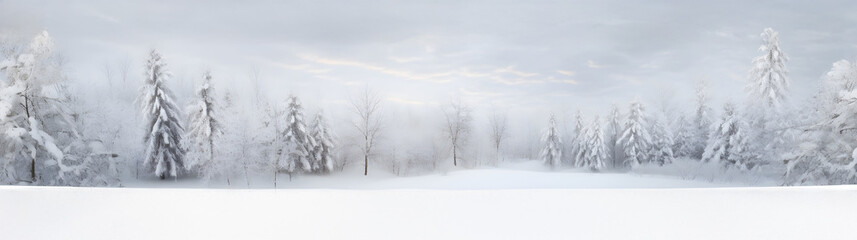 Abstract wihter forest with snowfall and snowflakes in winter. Horizontal composition.