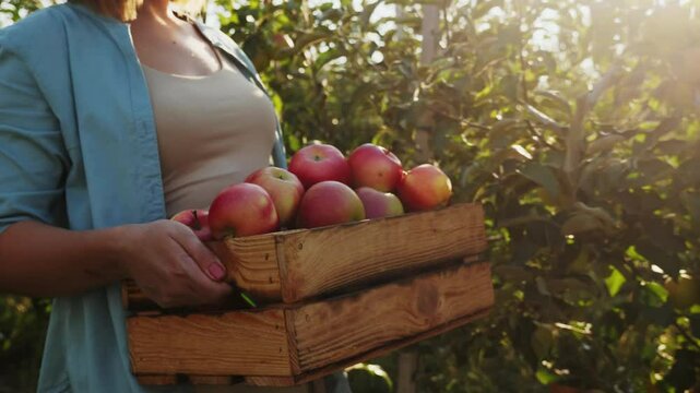 A woman holds a wooden crate filled with fresh red apples, set against a green apple orchard