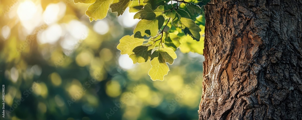 Poster close-up view of tree bark and leaves with sunlit background.