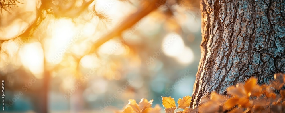 Poster autumn leaves and tree bark illuminated by soft sunlight in a tranquil forest setting.