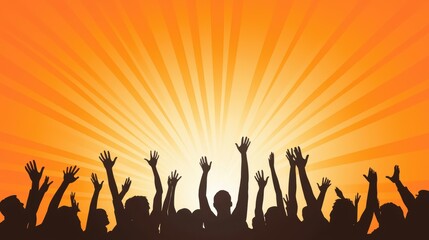 Fototapeta premium A vibrant sunset silhouette of a crowd with raised hands, symbolizing celebration, unity, and positivity against a bright, orange backdrop.
