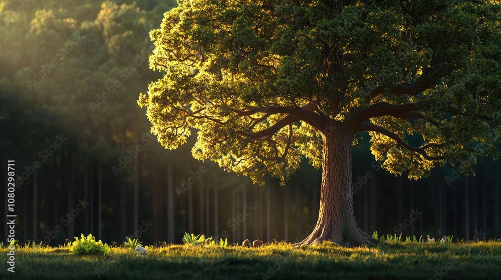 Poster majestic tree illuminated by sunlight in a serene forest setting.