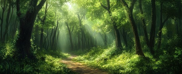 Fototapeta premium A dense forest with tall trees and sunlight filtering through the leaves