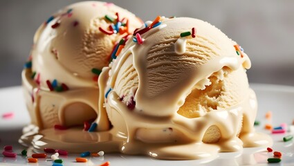 Delight in creamy ice cream scoops drizzled with sweet sauce and colorful sprinkles