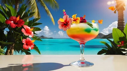 Savor the tropical bliss indulge in a refreshing rainbow cocktail surrounded by lush island paradise