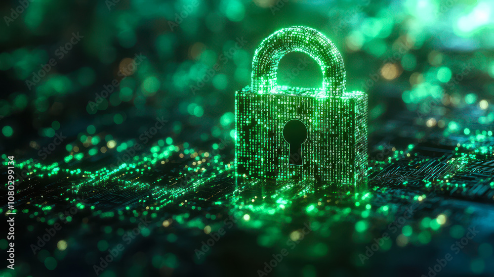 Poster green digital padlock with glowing binary code: ai encryption, cybersecurity, secure data solutions