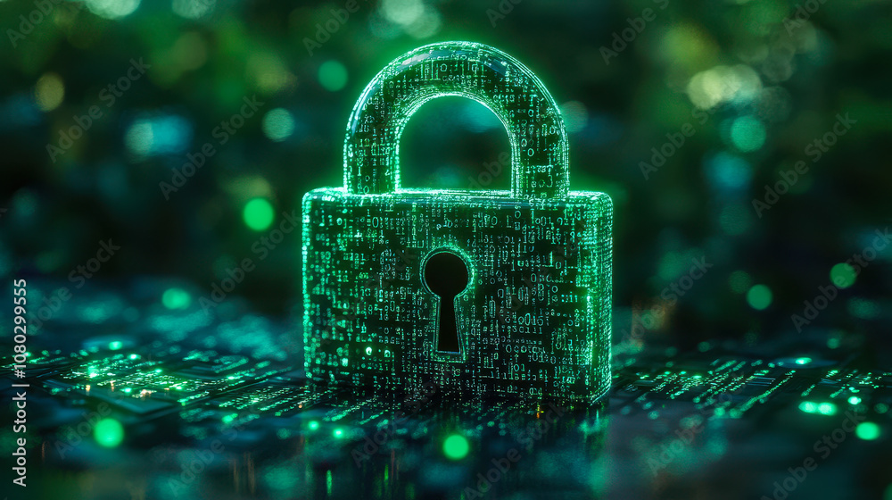 Poster green digital padlock with glowing binary code representing cybersecurity and encryption