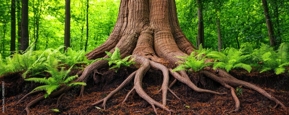 Aufkleber majestic tree roots surrounded by lush green ferns in a serene forest setting.