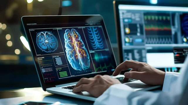 Medicine doctor use laptop to review patient medical records on virtual screens for digital healthcare Review medical reports carefully and diagnose illnesses	
