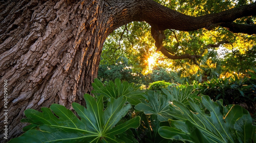 Aufkleber Sunlight filtering through lush greenery with a tree trunk in the foreground.