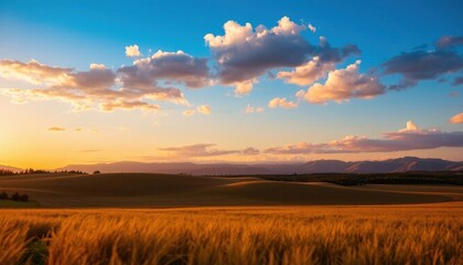 a view of a field of wheat with a sunset in the background