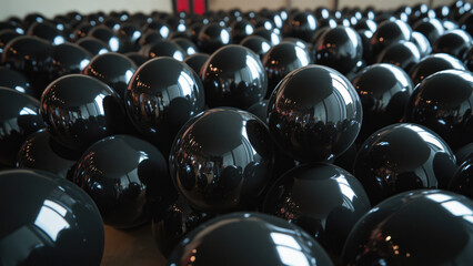 A sea of shiny black balloons filling the space