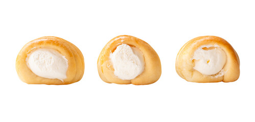 Front view set of puff pastry cream horns isolated on white background with clipping path