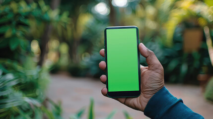 person holding smartphone with green screen in lush garden setting, surrounded by greenery and plants, ideal for showcasing mobile applications or digital content