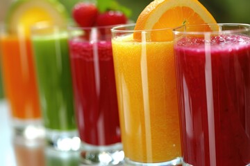 A row of colorful drinks in glasses, including orange, red, and green