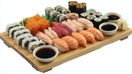 A wooden sushi board filled with a variety of sushi rolls, sashimi slices, and small bowls of soy sauce for dipping