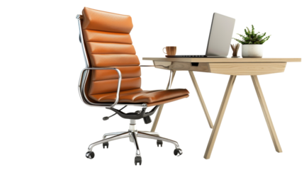 Modern office desk with comfortable chair on white transparent background
