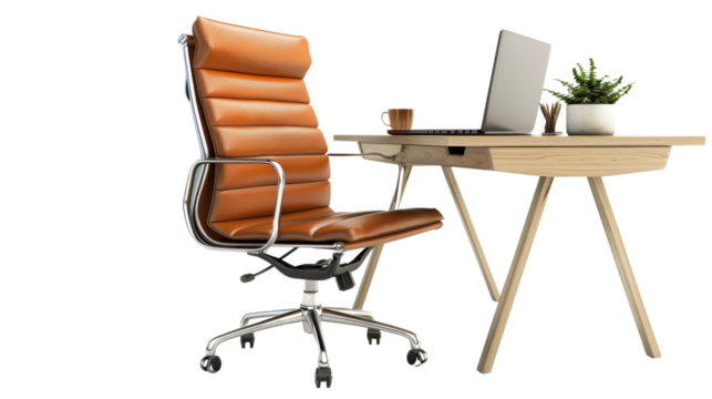 Modern office desk with comfortable chair on white transparent background
