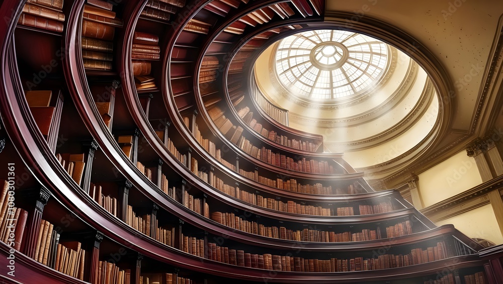 Poster exploration of ancient knowledge grand library architectural marvel sunlit environment upward view p