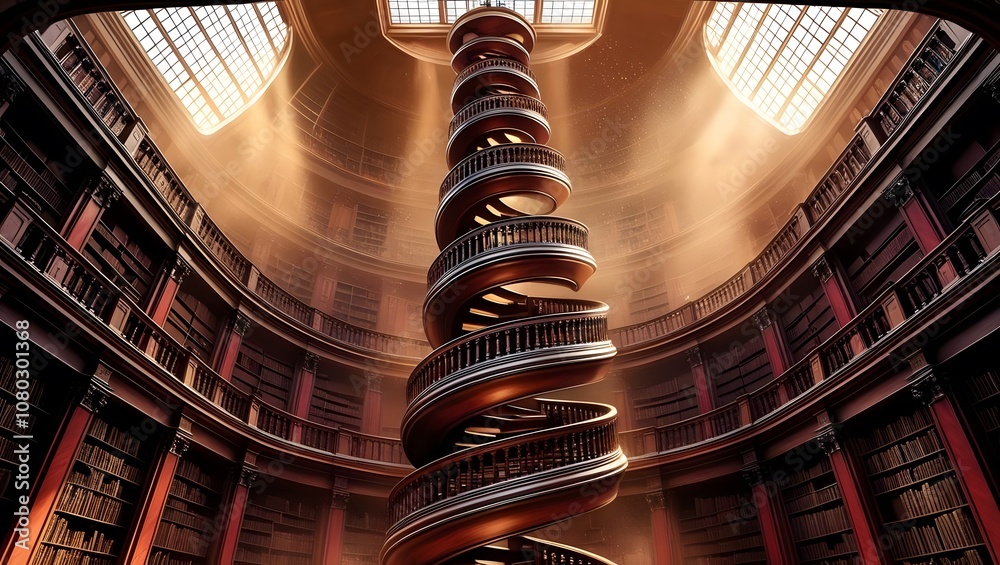 Poster ascending dreams spiral staircase grand library architectural marvel warm lighting captivating persp