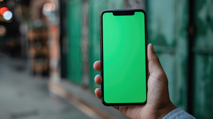 person holding smartphone with green screen in blurred urban setting, ideal for app mockups or digital content
