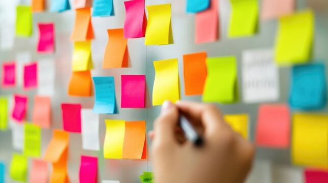 A person is writing on a wall covered in colorful Post-it notes, making notes and brainstorming ideas