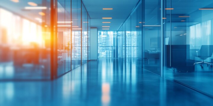 An inspiring modern office design showcases sunset reflections that enhance the ambiance, promoting creativity, collaboration, and productivity in a stylish and comfortable workspace