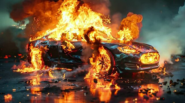 Electric EV car is burning with huge flames, Car battery exploded, Electric car burned lithium battery danger fire insurance car accident	
