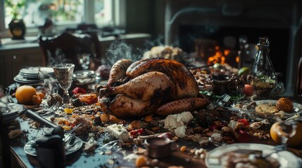 A plump turkey sits comfortably on a table laden with savory dishes
