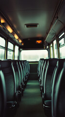 Fototapeta premium Rows of empty bus seats await passengers, creating a serene atmosphere before the daily commute begins