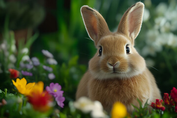 Fototapeta premium A fluffy bunny hopping around a garden filled with flowers, showcasing its playful nature in a vibrant setting. A bunny enjoying springtime.