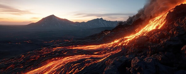 Fototapeta premium Erupting volcano with flowing lava at sunset, dramatic landscape with mountains.