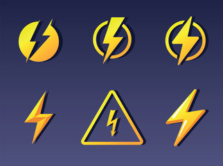 Symbols of Electricity. Yellow lightning bolts and warning signs, symbols of energy and danger
