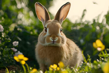 Fototapeta premium A fluffy bunny hopping around a garden filled with flowers, showcasing its playful nature in a vibrant setting. A bunny enjoying springtime.