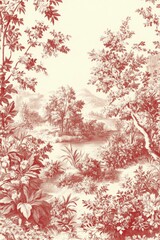 This enchanting Toile De Jouy design features extremely intricate floral motifs and a timeless pastoral scene, seamlessly embodying elegance, sophistication, and a romantic countryside aesthetic