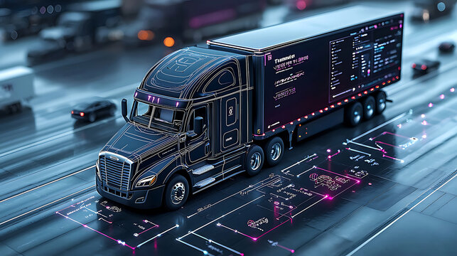 detailed view of futuristic truck on digital blueprint, showcasing advanced transportation management systems and technology. design emphasizes innovation and efficiency