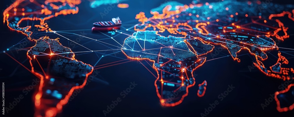 Poster illustration of a digital world map with shipping routes and illuminated connections.