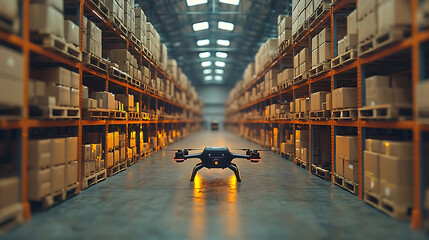 drone in futuristic warehouse filled with stacked boxes and pallets, showcasing advanced logistics technology and efficient storage solutions