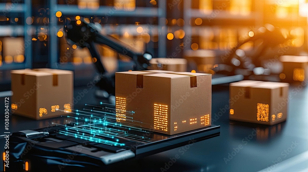 Poster boxes on conveyor with robotic arms in modern warehouse setting