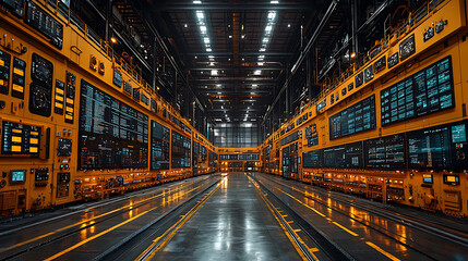 modern industrial facility showcasing advanced technology and real time data displays. vibrant yellow and blue color scheme enhances high tech atmosphere
