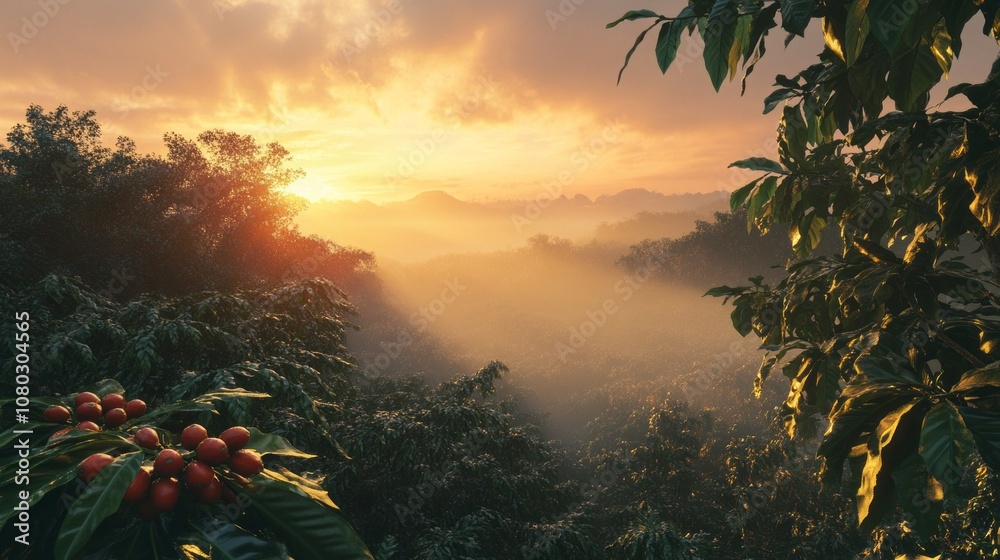Poster a beautiful forest with a sun setting in the background