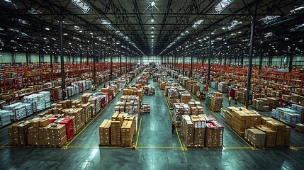 bustling third party logistics warehouse filled with stacked boxes and organized shelves, showcasing efficient operations and busy atmosphere