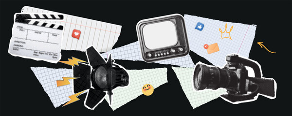 Movie and film modern retro vintage. Fashion pop art design elements. Collection retro vector illustration. retro pop art halftone effect collage element for mixed media design