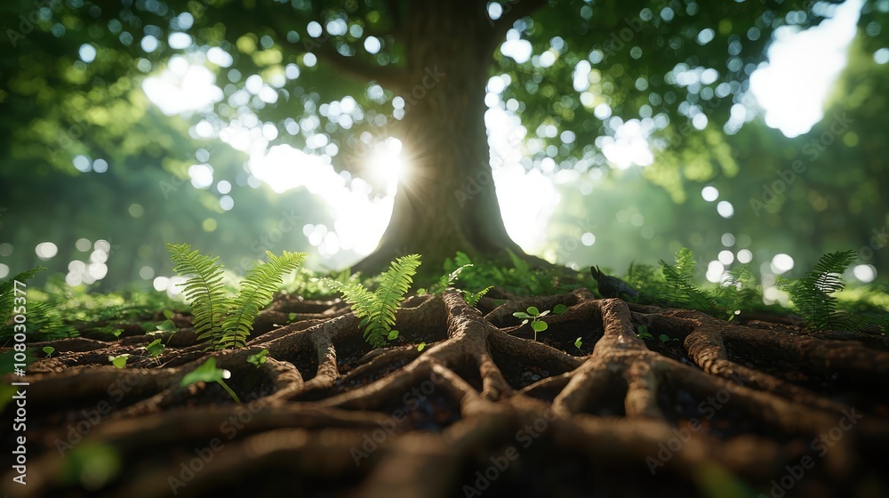 Poster tree roots intertwined with ferns under sunlight in a lush forest scene.