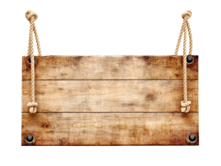 Rustic wooden plaque, sign with rope hanger. Board with rough edges and natural texture. Isolated cutout on transparent or white background.
