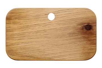 Rectangular wooden board, badge with rounded, chamfered corners. Plaque with circular hole, natural wood grain, isolated on white. Isolated cutout on transparent or white background.