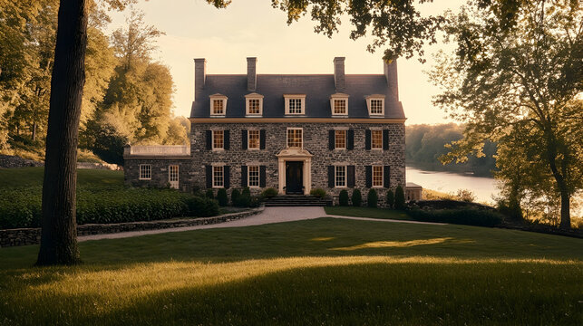 Hudson Valley historic stone estate with apple orchards and river views, restored Dutch colonial manor in Upstate New York - Powered by Adobe