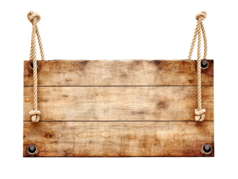 Rustic wooden plaque, sign with rope hanger. Board with rough edges and natural texture. Isolated cutout on transparent or white background.